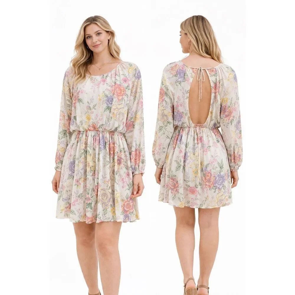 H&M Divided Floral Mini Dress Open Back Long Sleeve Cotton Boho Large